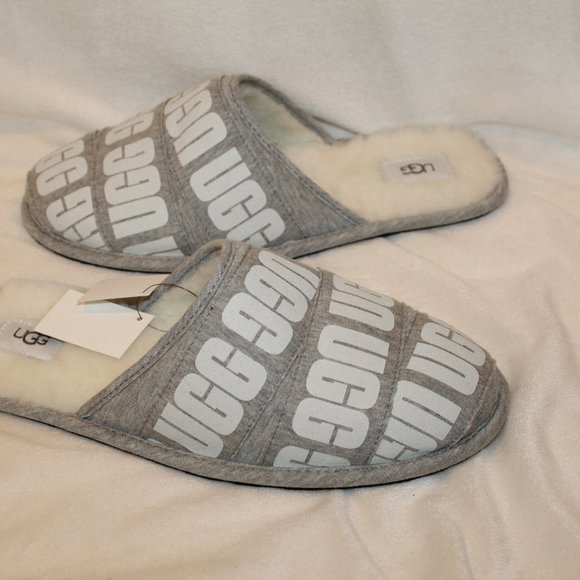 UGG MEN'S SCUFF LOGO BANDED GRAY WHITE SLIPPERS - Picture 4 of 7